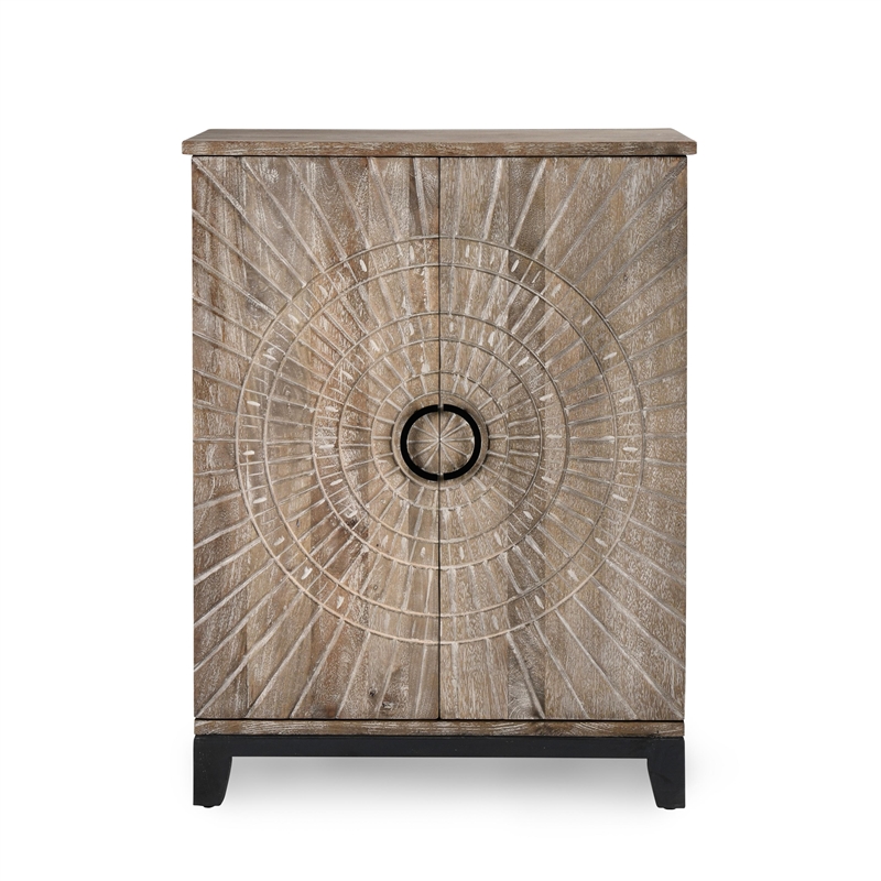 Pemberly Row Fixed Shelves Transitional Wood Bar Cabinet in Antique Gray