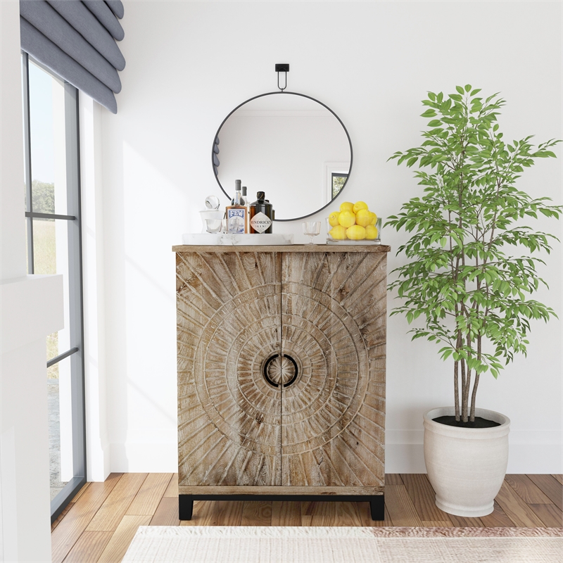 Pemberly Row Fixed Shelves Transitional Wood Bar Cabinet in Antique Gray