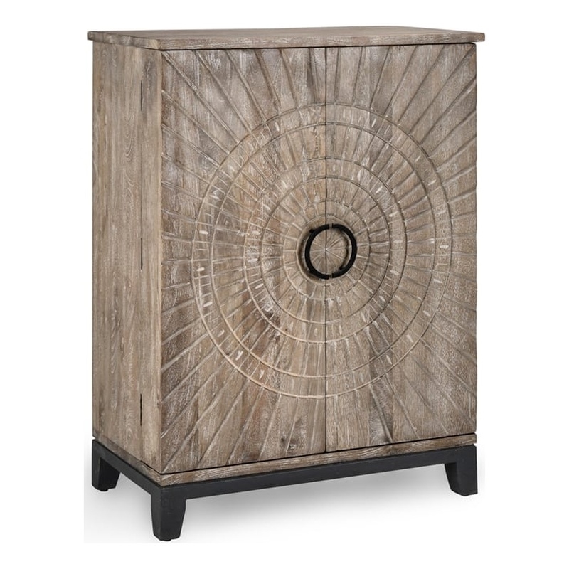 Pemberly Row Fixed Shelves Transitional Wood Bar Cabinet in Antique Gray