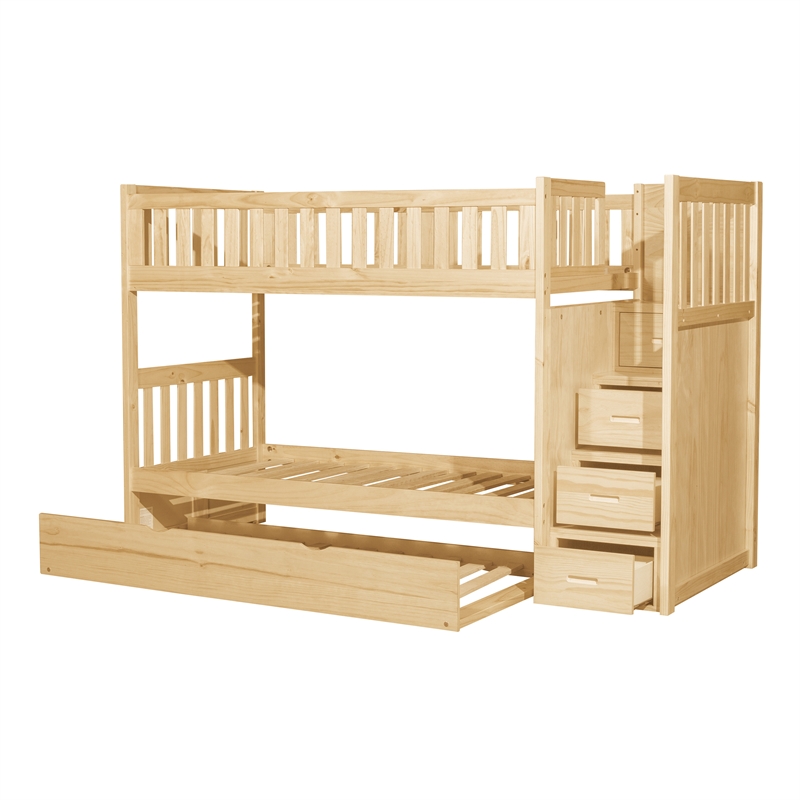 Pemberly Row Contemporary Twin/Twin Step Bunk Bed w/ Twin Trundle - Natural Pine