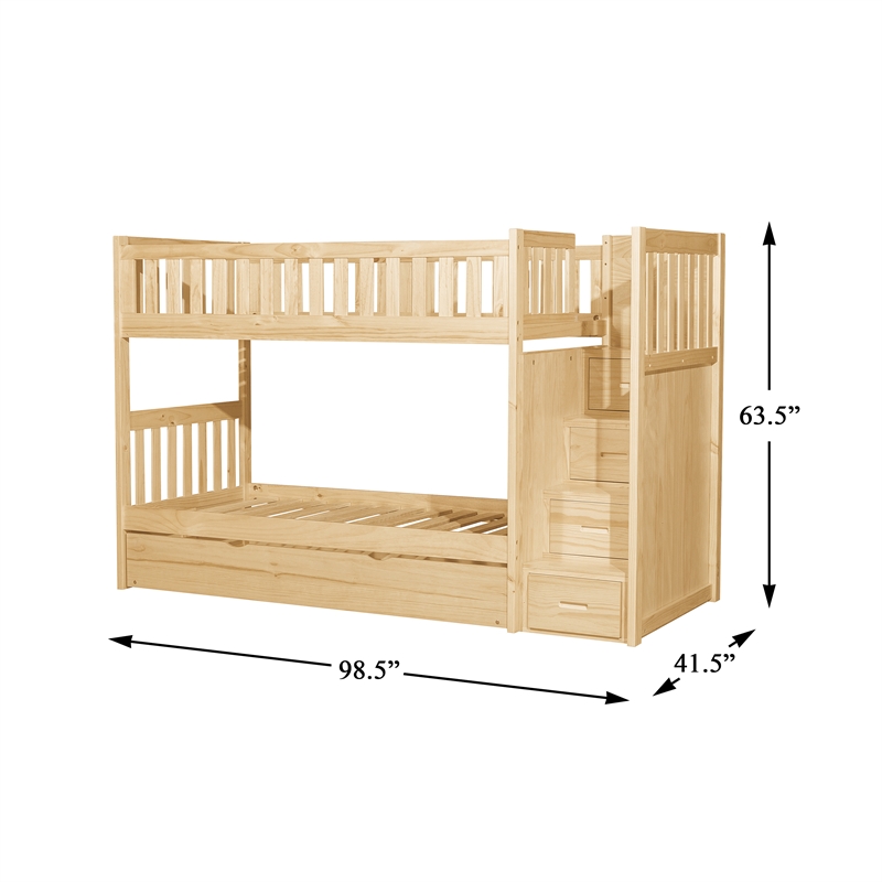 Pemberly Row Contemporary Twin/Twin Step Bunk Bed w/ Twin Trundle - Natural Pine