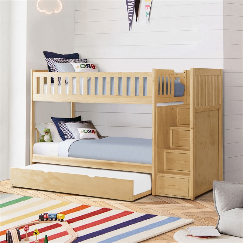 Pemberly Row Contemporary Twin/Twin Step Bunk Bed w/ Twin Trundle - Natural Pine