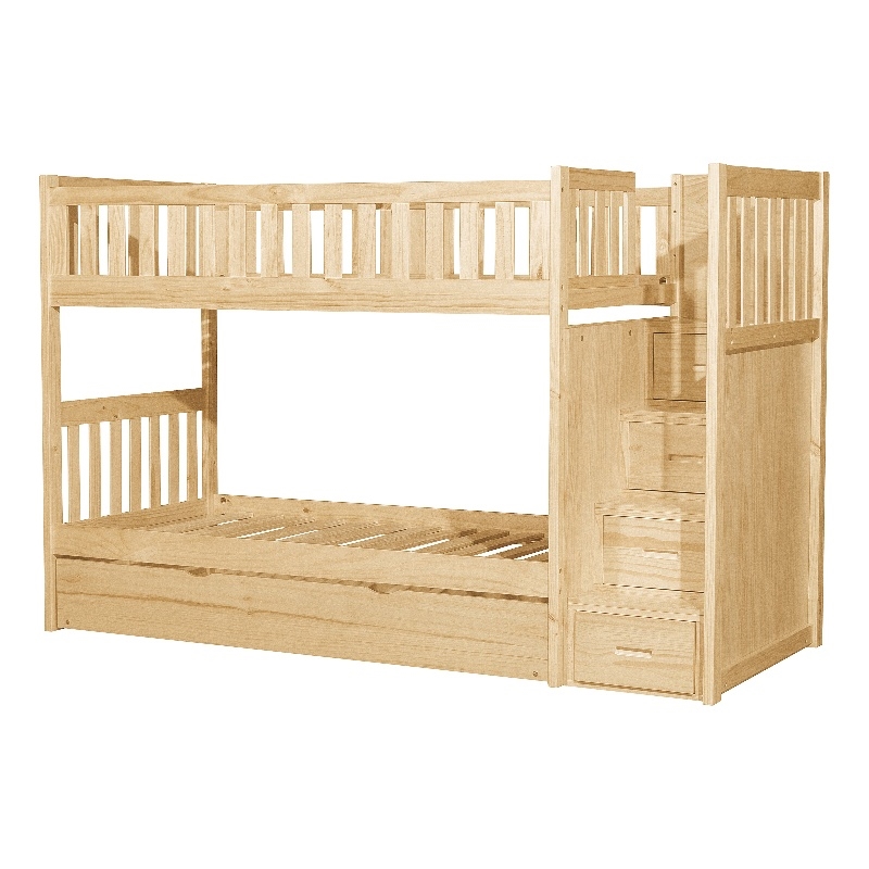 Pemberly Row Contemporary Twin/Twin Step Bunk Bed w/ Twin Trundle - Natural Pine