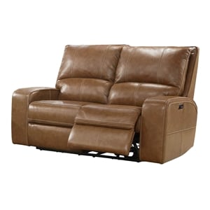 Pemberly Row 64&quotW Leather Power Loveseat in Bourbon Brown Finish
