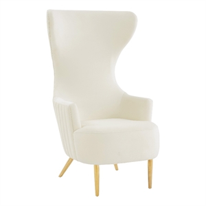 Pemberly Row Velvet Channel Tufted Wingback Chair in Cream Finish
