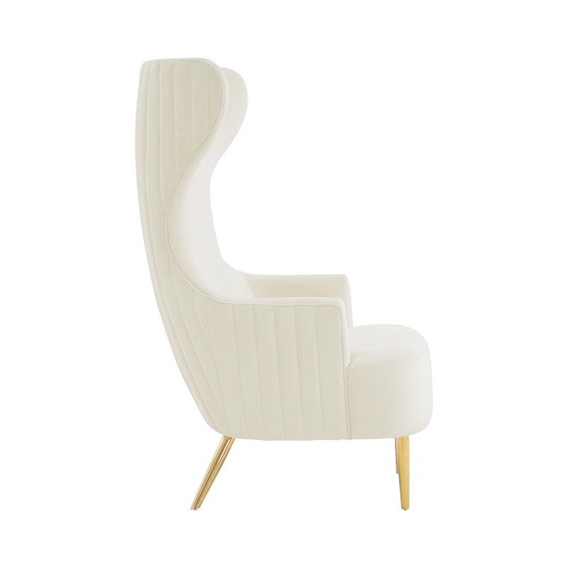Pemberly Row Velvet Channel Tufted Wingback Chair in Cream Finish