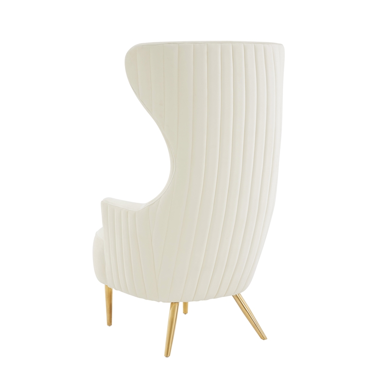 Pemberly Row Velvet Channel Tufted Wingback Chair in Cream Finish