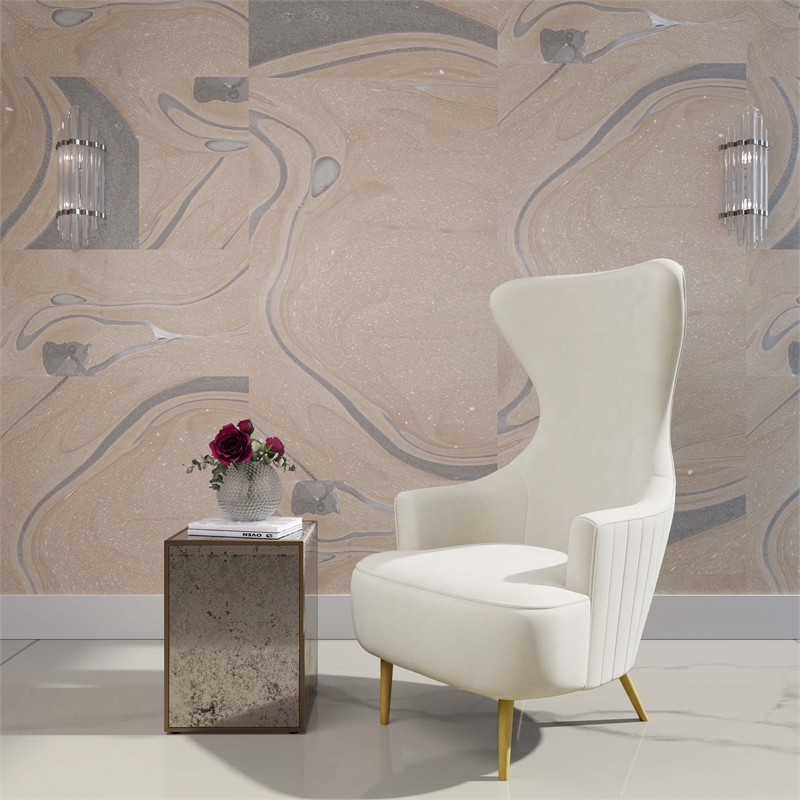 Pemberly Row Velvet Channel Tufted Wingback Chair in Cream Finish