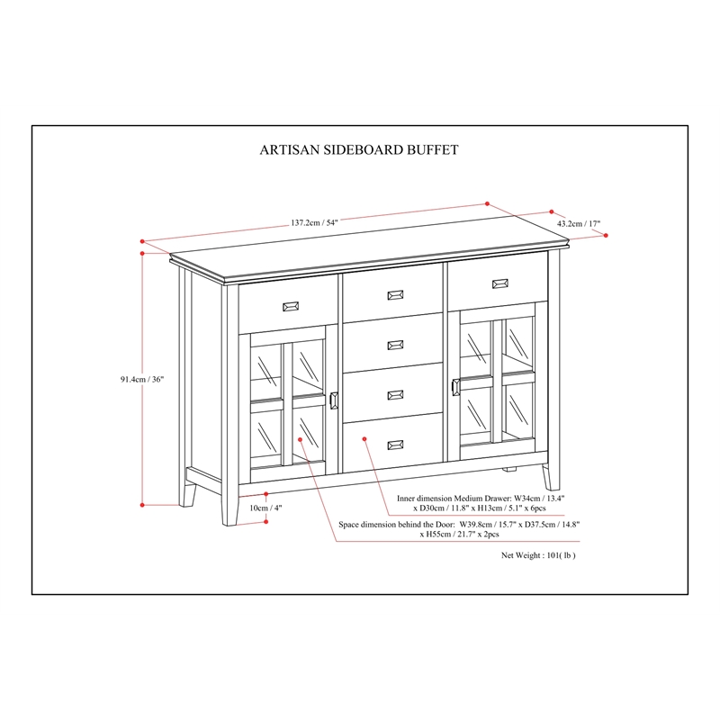 Pemberly Row SOLID WOOD 54 inch Wide Sideboard Buffet Credenza - White