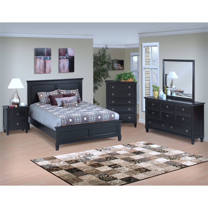 Pemberly Row Contemporary Solid Wood 5/0 Q Panel Bed in Black