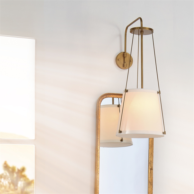 Pemberly Row 1-Light Metal & Linen Wall Sconce in Brass/Off White