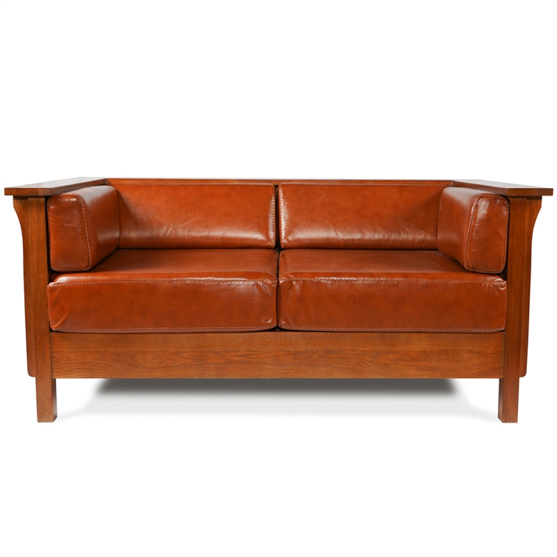 Pemberly Row Contemporary Leather Side Loveseat in Russet Brown