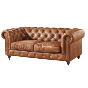 Pemberly Row Modern Mission Leather Loveseat in Light Chestnut