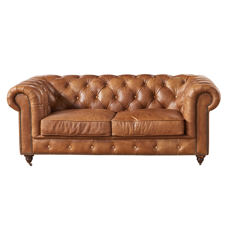 Pemberly Row Modern Mission Leather Loveseat in Light Chestnut