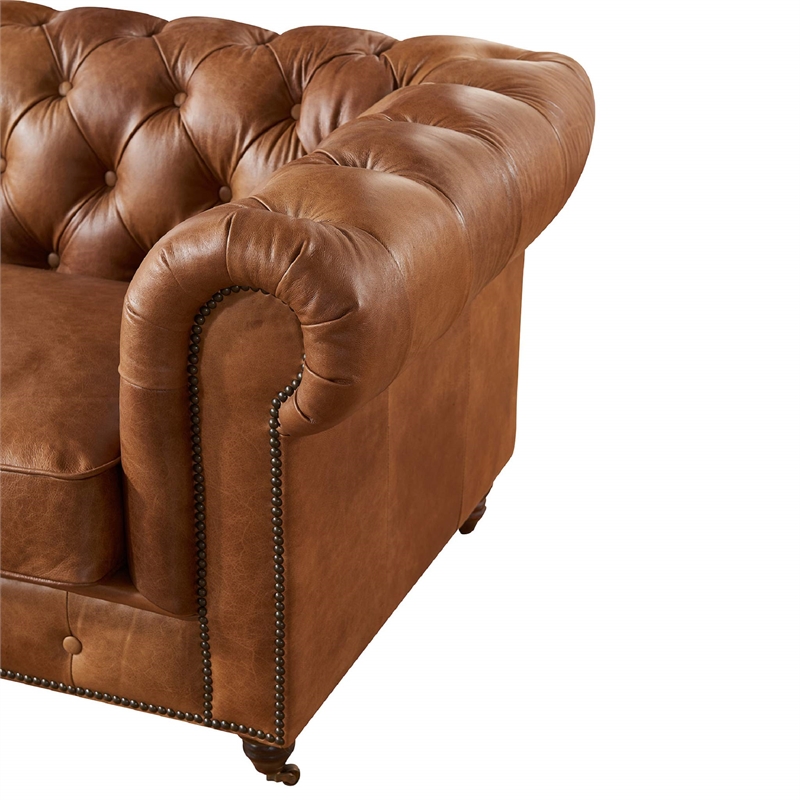 Pemberly Row Modern Mission Leather Loveseat in Light Chestnut