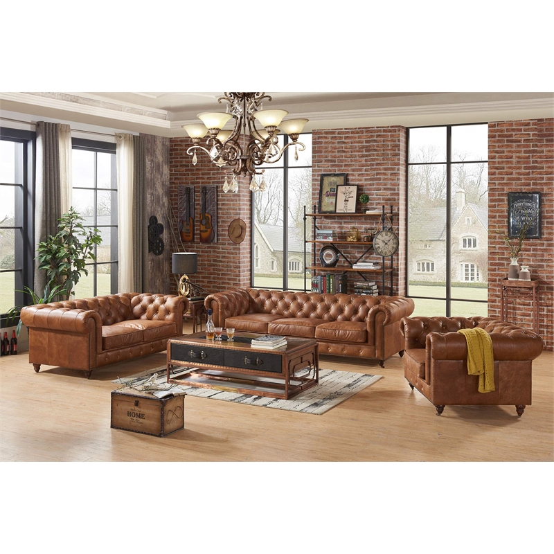 Pemberly Row Modern Mission Leather Loveseat in Light Chestnut