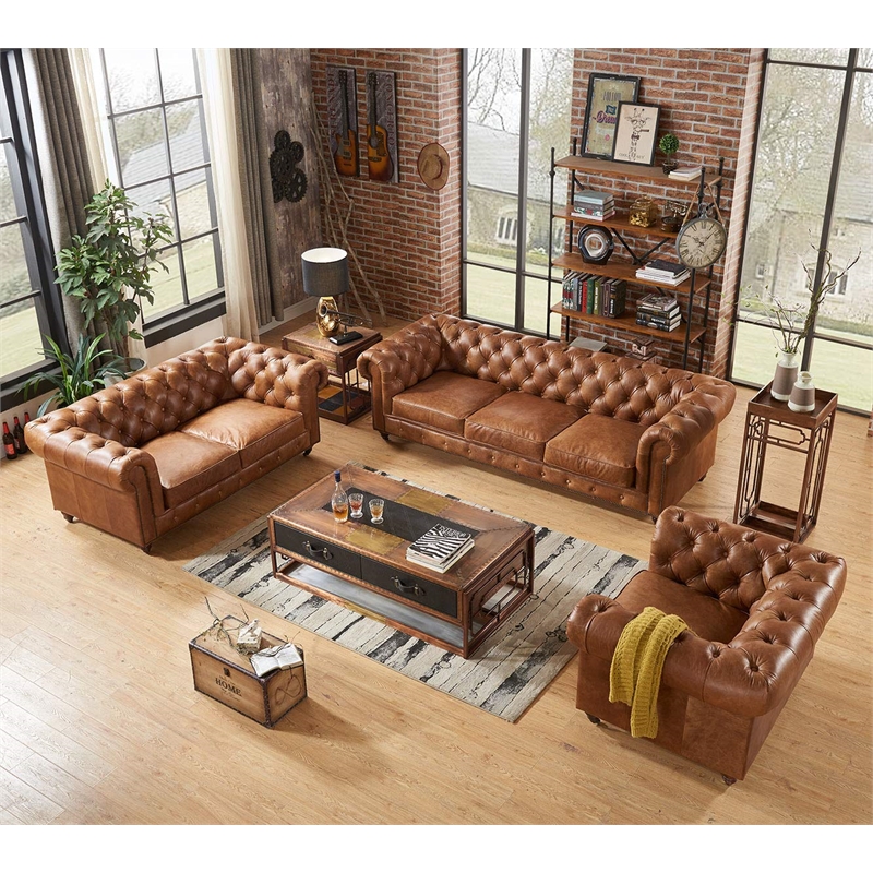 Pemberly Row Modern Mission Leather Loveseat in Light Chestnut