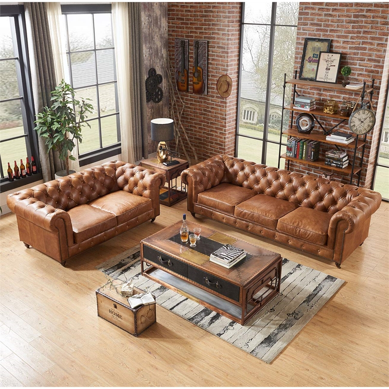 Pemberly Row Modern Mission Leather Loveseat in Light Chestnut