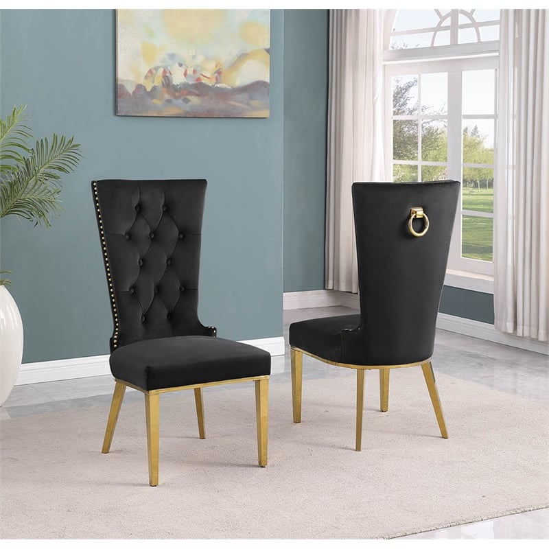 Pemberly Row Black Velvet Side Chairs w/ Gold Stainless Steel Set of 2