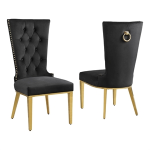 Pemberly Row Black Velvet Side Chairs w/ Gold Stainless Steel Set of 2