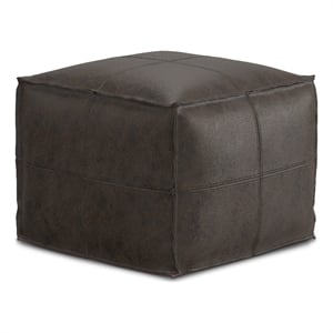 Pemberly Row Modern Square Pouf in Distressed Dark Brown Leather