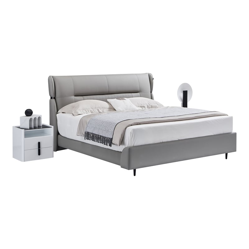 Pemberly Row Modern Genuine Leather Eastern King/King Bed in Gray
