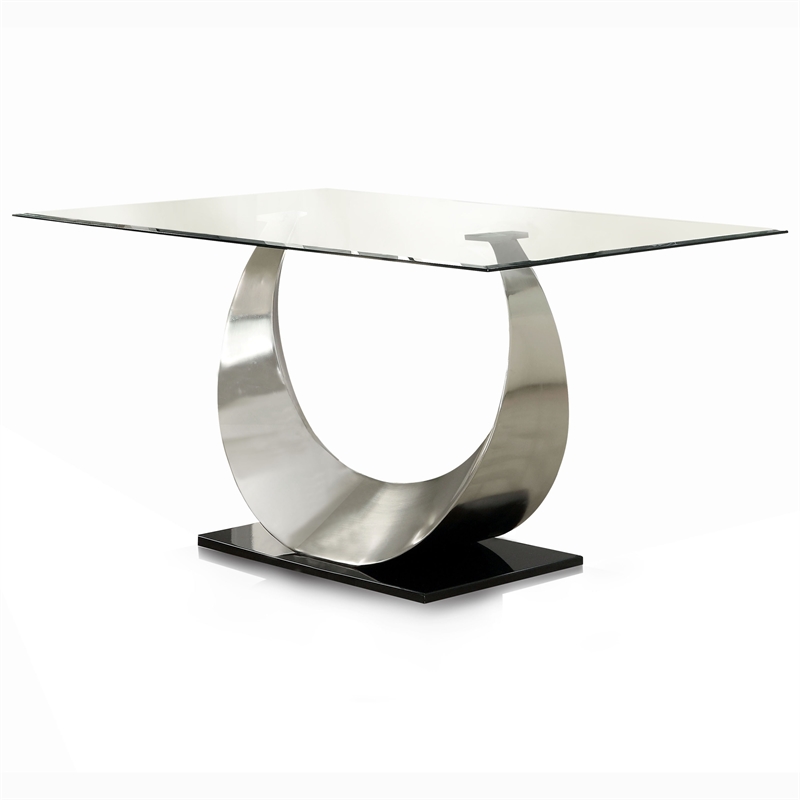 Pemberly Row Modern Contemporary Glass Top Dining Table in Silver