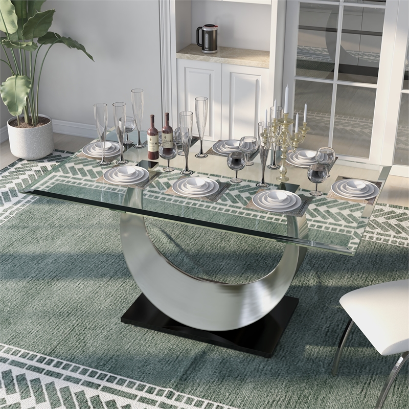 Pemberly Row Modern Contemporary Glass Top Dining Table in Silver
