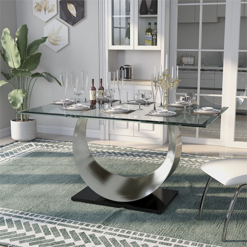 Pemberly Row Modern Contemporary Glass Top Dining Table in Silver