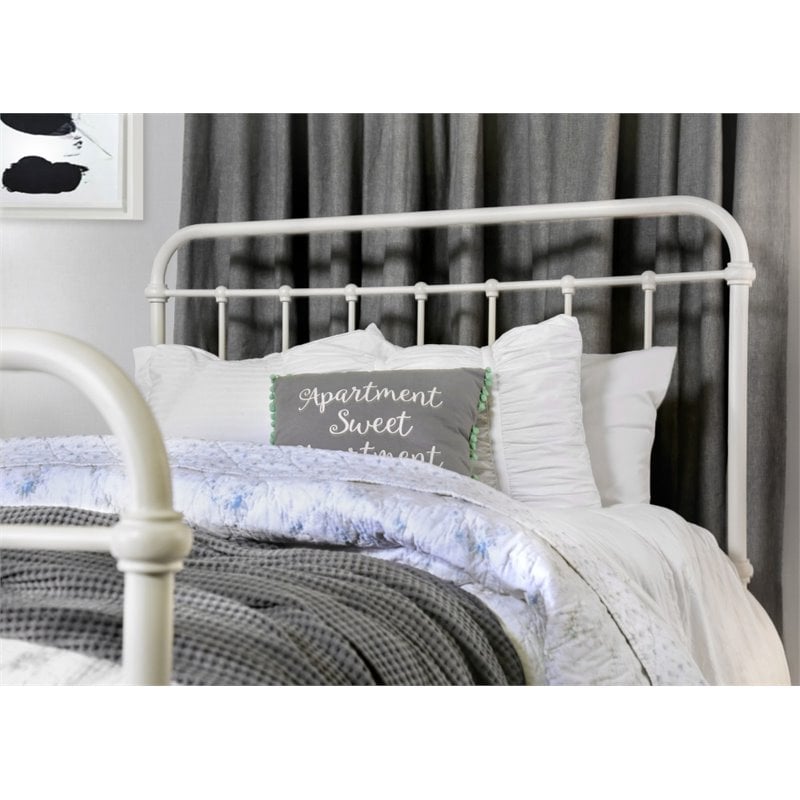 Pemberly Row Contemporary Metal King Spindle Bed in Vintage White