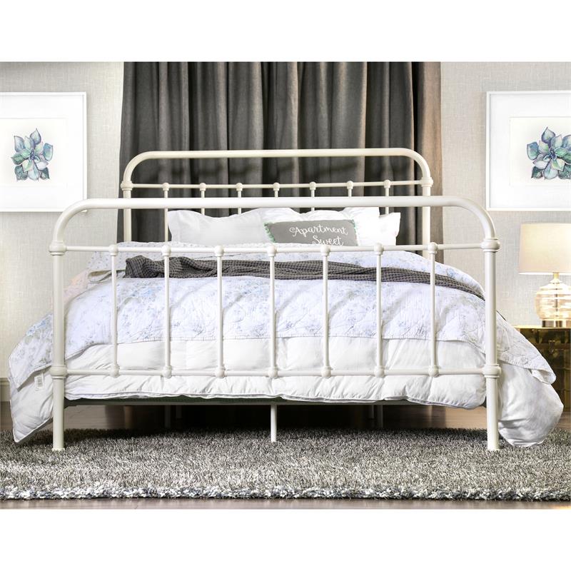 Pemberly Row Contemporary Metal King Spindle Bed in Vintage White