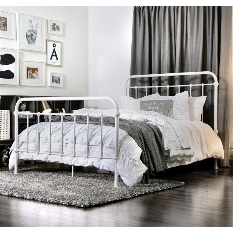 Pemberly Row Contemporary Metal King Spindle Bed in Vintage White