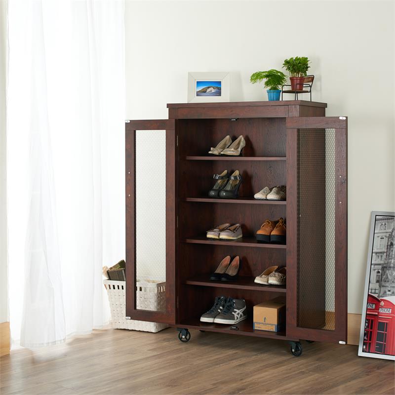 Pemberly Row Wood Shoe Cabinet with Casters in Vintage Walnut
