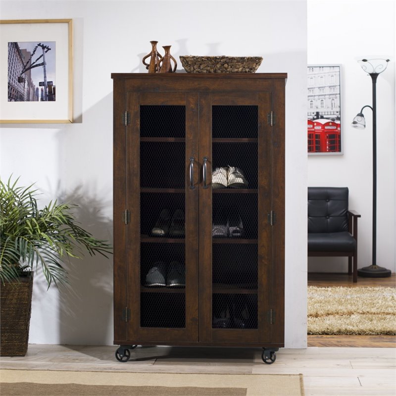 Pemberly Row Wood Shoe Cabinet with Casters in Vintage Walnut