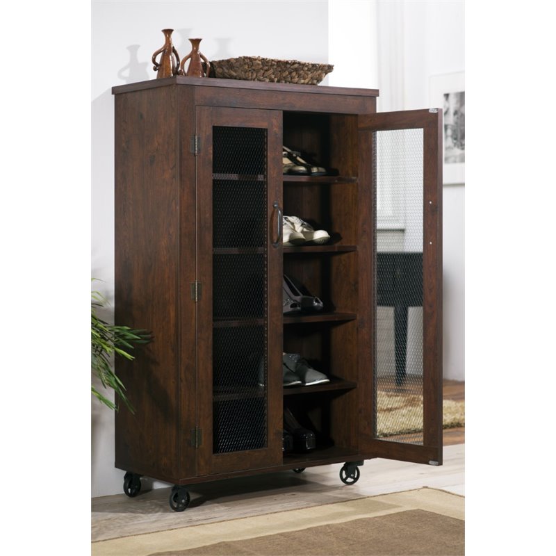 Pemberly Row Wood Shoe Cabinet with Casters in Vintage Walnut
