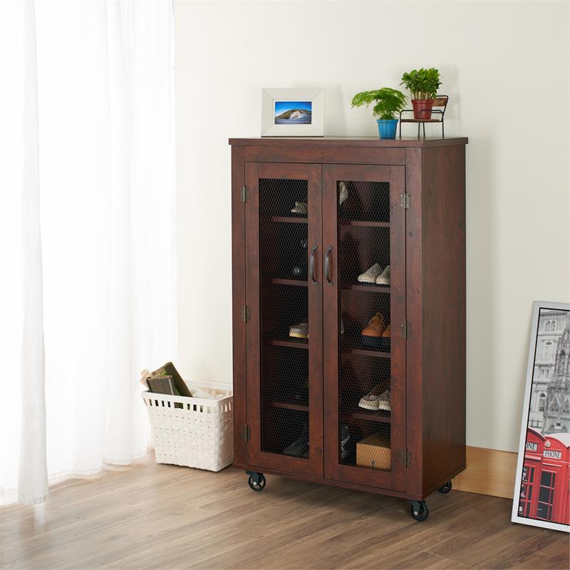 Pemberly Row Wood Shoe Cabinet with Casters in Vintage Walnut