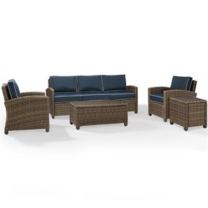 Pemberly Row Modern 5 Piece Metal Patio Sofa Set in Brown & Navy