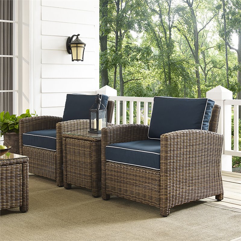 Pemberly Row 3 Piece Metal Patio Conversation Set in Brown/Navy