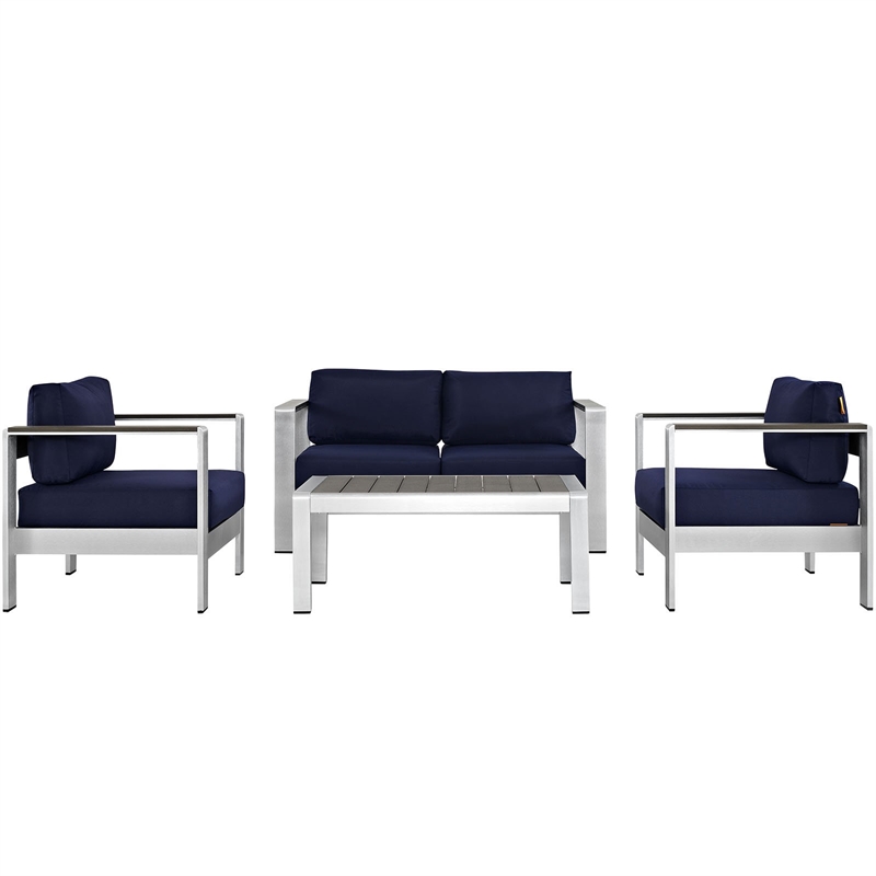 Pemberly Row 4-Piece Outdoor Patio Aluminum Sectional Sofa Set in Silver/Navy