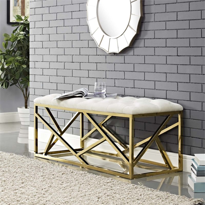 Pemberly Row Tufted Velvet Polyester Bench in Gold and Ivory