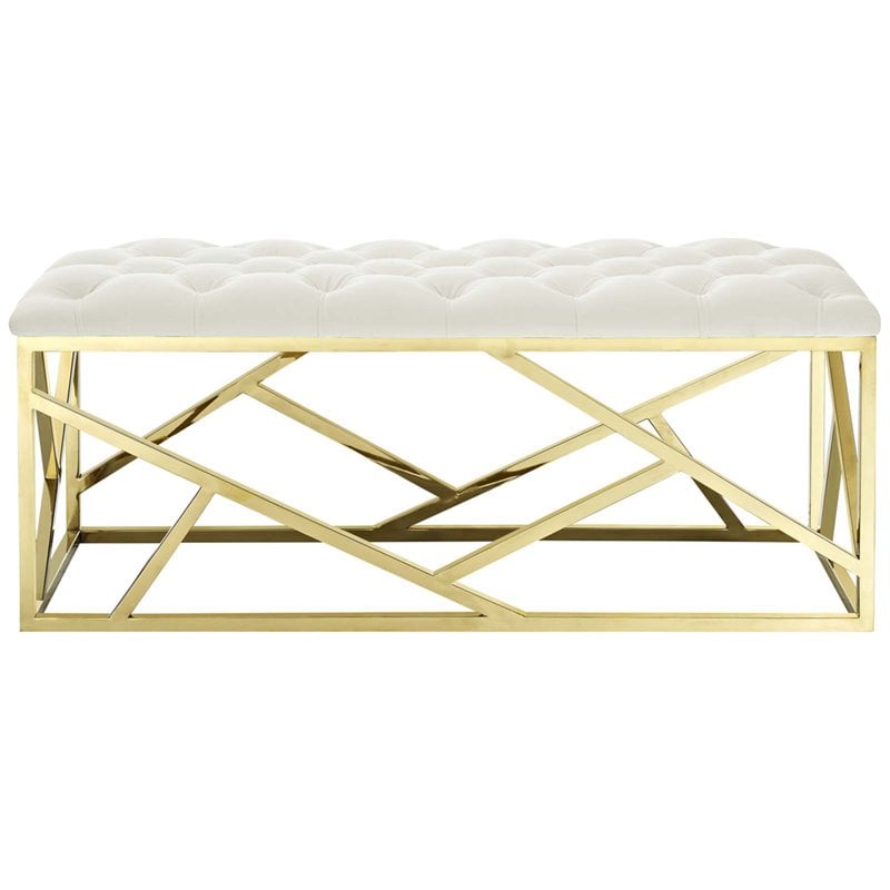 Pemberly Row Tufted Velvet Polyester Bench in Gold and Ivory
