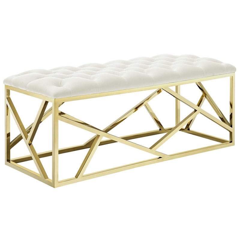 Pemberly Row Tufted Velvet Polyester Bench in Gold and Ivory
