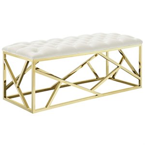 Pemberly Row Tufted Velvet Polyester Bench in Gold and Ivory