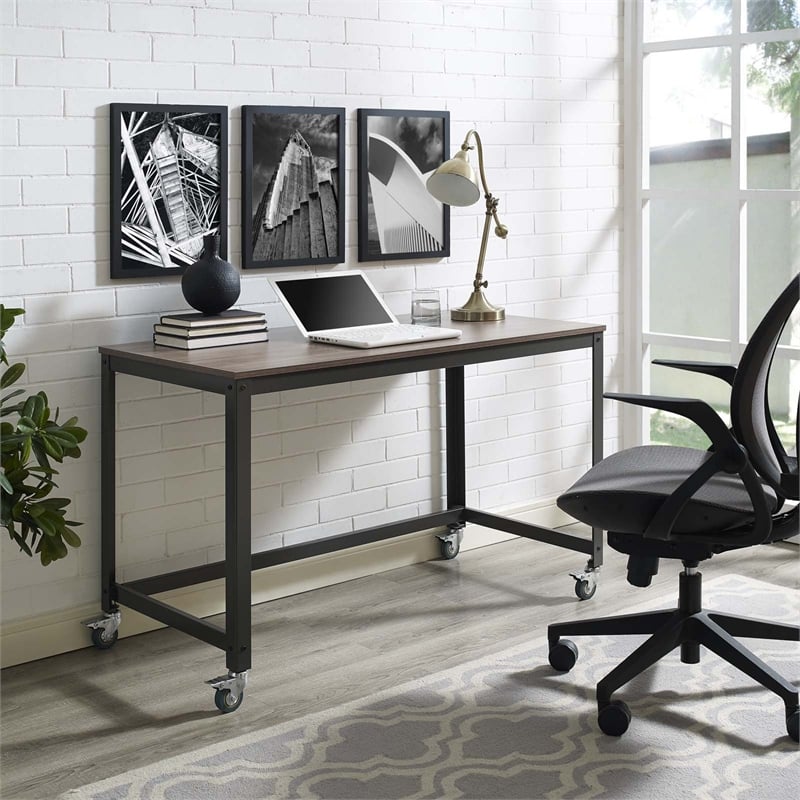 Pemberly Row Mobile Metal & Wood Writing Desk in Gray and Walnut
