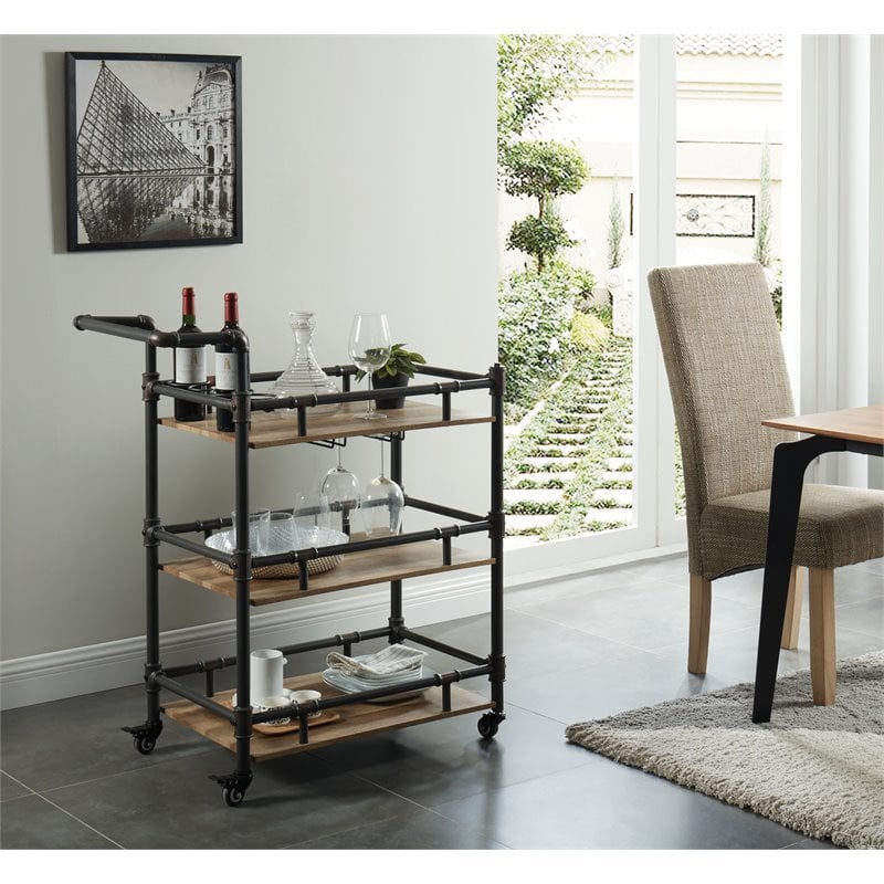 Pemberly Row Contemporary Industrial Metal Bar Cart in Sand Black