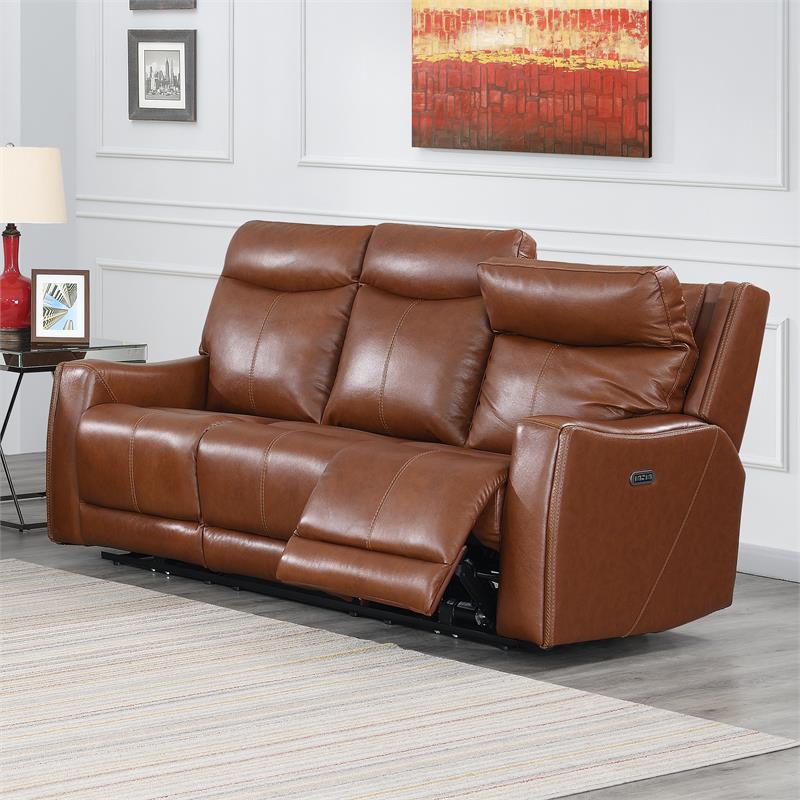 Pemberly Row Contemporary Caramel Leather Power Recliner Sofa