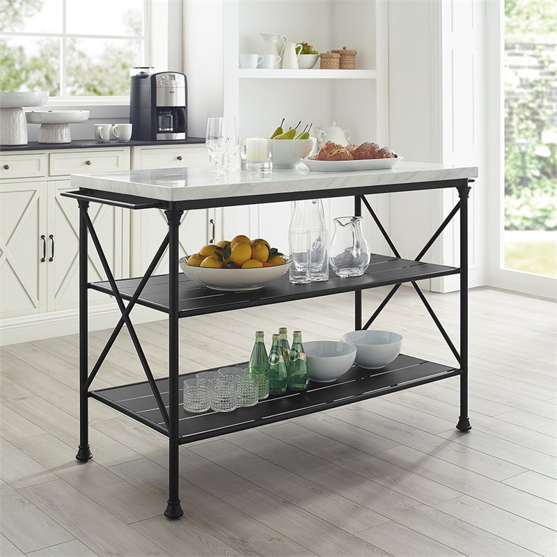 Pemberly Row Metal/Faux Marble Top Kitchen Island in Matte Black