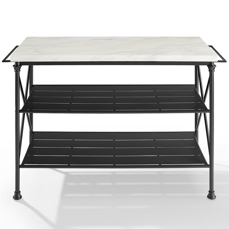 Pemberly Row Metal/Faux Marble Top Kitchen Island in Matte Black