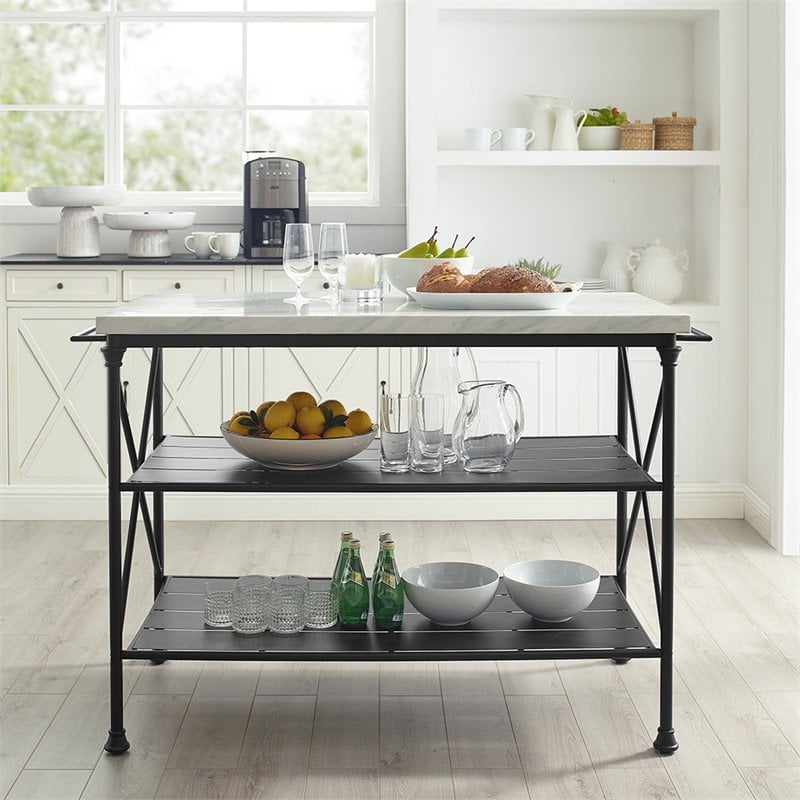 Pemberly Row Metal/Faux Marble Top Kitchen Island in Matte Black