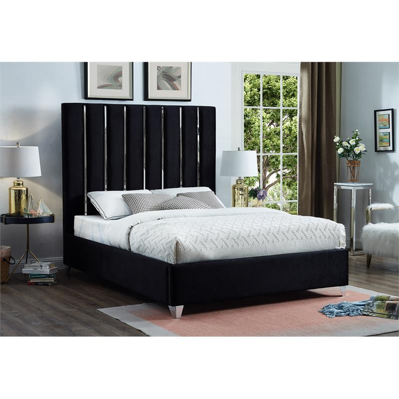 Pemberly Row Contemporary Solid Wood and Velvet King Bed in Black